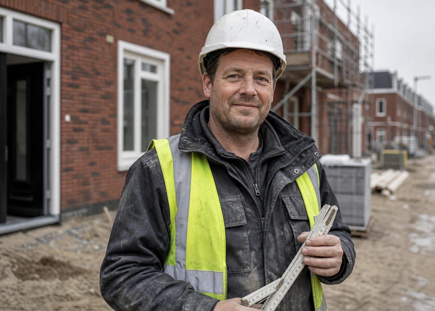 Nederlandse bouwvakker met bouwhelm en veiligheidshesje voor een woning in aanbouw